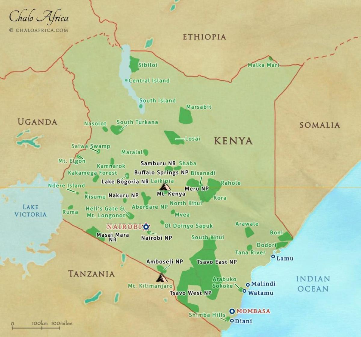 mapa de Kenia parques nacionales y reservas
